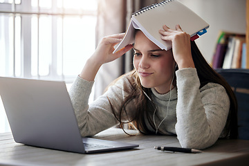 Image showing Laptop, burnout and education with a student woman feeling stress while studying alone in her home. Learning, headache and exhausted with a female university or college pupil in her house to study