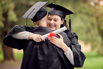 Image showing Graduation, certificate and friends hugging outdoor on university campus at a celebration event. Education, success and hug with happy scholarship students cheering together as college graduates