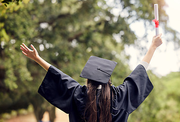 Image showing Graduate, woman celebrate and degree with study diploma at event outdoor with scholarship. Certificate, back and hand holding college paper with cheer, success and motivation with achievement scroll