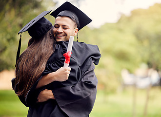 Image showing Graduation, congratulations and friends hugging outdoor on university campus at a celebration event. Education, success and hug with happy scholarship students cheering together as college graduates