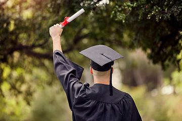 Image showing Graduate, man celebrate and hands with degree and diploma at event outdoor with scholarship. Certificate, back and hand holding college paper with cheer, success and motivation with achievement