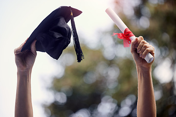 Image showing Graduate, celebrate and hands with degree and diploma at event outdoor with scholarship. Certificate, hat and hand holding college paper with cheer, success and motivation with bokeh and achievement