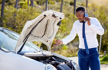 Image showing Phone call, car accident and insurance with black man in nature for roadside assistance, safety and emergency. Stress, angry and transportation with driver and vehicle breakdown for motor and help