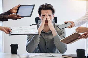 Image showing Man, business and employee with stress, multitasking or chaos with crisis, deadline or schedule. Male person, consultant or agent with depression, anxiety or mistake with documents, audit or pressure