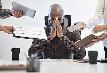 Image showing Work stress, hands and tired black man in a meeting for planning with burnout from commitment. Mental health, paperwork and an African manager with fatigue from business problem and management tasks