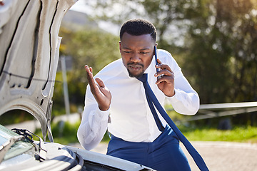 Image showing Phone call, car insurance and frustrated with black man in nature for roadside assistance, safety and emergency. Stress, angry and transportation with driver and vehicle breakdown for motor and help