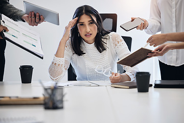 Image showing Portrait, multitask and an overwhelmed business woman at work on a laptop in an office for a deadline. Technology, stress or anxiety with a young female employee feeling pressure from a busy schedule