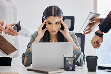 Image showing Stress, multitask and an overwhelmed business woman at work on a laptop in her office for a deadline. Technology, burnout or anxiety with a young female employee feeling pressure from a busy schedule