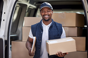 Image showing Delivery man, transport and black man with a box and smile outdoor for shipping or courier service. Portrait of happy african person or driver with cardboard package at van from commercial supplier