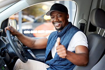 Image showing Delivery guy, transport or man driving with thumbs up, shipping or courier service. Happy black person, portrait or driver for like, support emoji or hand sign in van, cargo vehicle or transportation