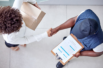 Image showing Delivery, clipboard and man shaking hands with woman for shipping, logistics and supply chain service. Ecommerce, online shopping and top view of male courier deliver box, parcel and order to client