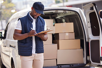 Image showing Delivery guy, transport and black man writing on paper outdoor for shipping or courier service. Happy african person or driver with cardboard boxes or package form at van from commercial supplier