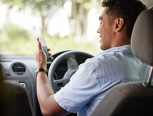 Image showing Delivery man sitting in car with phone, smile and checking location, order or online map for logistics. Courier service, happy driver in van and internet connection on cellphone for logistic schedule