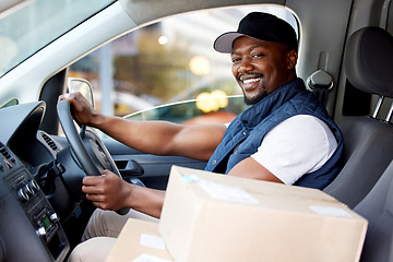 Image showing Portrait, box and black man with a delivery, vehicle and happiness with ecommerce, logistics and shipping. Face, male person and employee with a package, car and retail item with courier and supplier