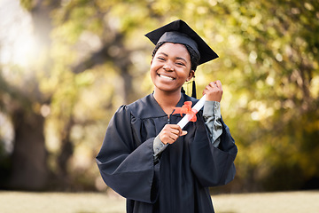 Image showing Portrait, graduation or qualification with a student black woman at a university scholarship event. Education, smile or certificate with a happy female graduate standing outdoor on a college campus