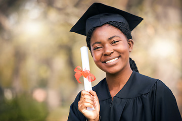 Image showing Portrait, graduation or diploma with a student black woman on university campus at a scholarship event. Education, smile or certificate with a happy female pupil posing outdoor as a college graduate