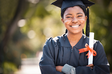 Image showing Portrait, graduation or certificate with a student black woman on university campus at a scholarship event. Education, smile or degree with a happy female pupil standing outdoor as a college graduate