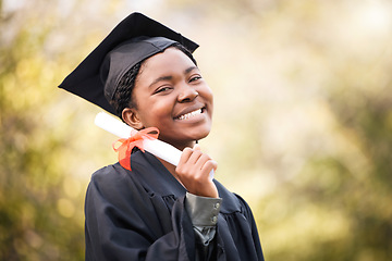 Image showing Portrait, graduate or degree with a student black woman on university campus at a scholarship event. Education, smile or certificate with a happy female pupil standing outdoor for college graduation