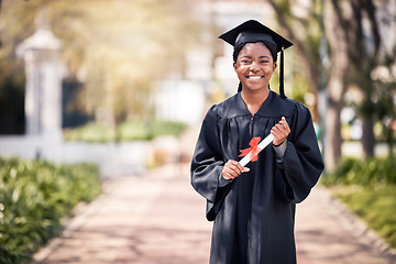 Image showing Portrait, scholarship or certificate with a graduate black woman on university campus at a celebration event. Education, smile or mockup with a happy female pupil alone outdoor for college graduation