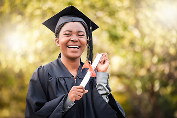 Image showing Portrait, graduate or certificate with a student black woman on university campus at a scholarship event. Education, smile or degree with a happy female pupil standing outdoor for college graduation