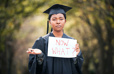 Image showing Portrait, graduation and poster with a confused black woman student outdoor at a university event. Doubt, question and a female college graduate standing on campus asking what now after scholarship