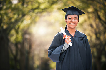 Image showing Portrait, mockup or certificate with a graduate black woman on university campus at a scholarship event. Education, smile or degree with a happy female student standing outdoor for college graduation