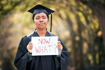 Image showing Portrait, graduation or poster with a black woman in doubt as a student at a university event. Confused, question and a female college graduate standing on campus asking what now after scholarship