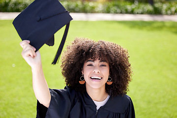 Image showing Woman, happy in portrait with graduation cap and success, education qualification and achievement with happiness. Certificate, degree and diploma with female graduate smile, celebration and college