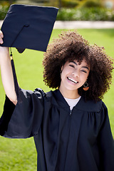 Image showing Woman, smile in portrait with graduation cap and success, education qualification and achievement with happiness. Certificate, degree and diploma with female graduate, celebration and university