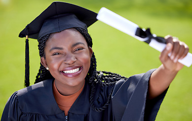 Image showing Black woman, smile in portrait with diploma and graduation, education success and achievement with happiness. Certificate, degree and qualification with female graduate, celebration and university