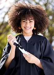 Image showing Woman, happy in portrait with diploma and success, education qualification and achievement with happiness. Certificate, degree and academic win with female graduate smile, celebration and college