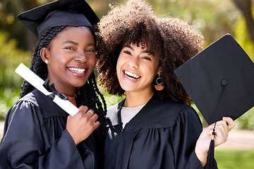 Image showing Friends in portrait, graduation and university with achievement and women, education success and happy. Certificate, diploma and qualification, female people graduate college with happiness at event