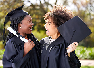 Image showing Friends laugh together, graduation and women with success in education, happy with university achievement. Certificate, diploma and qualification, female people graduate college with happiness