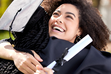 Image showing Friends hug, graduation and education success and women with university achievement and happy outdoor. Certificate, diploma and female people graduate college with happiness and congratulations