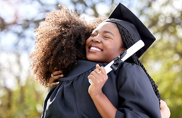 Image showing Friends hug, graduation and university with achievement and women with degree, education success and happy outdoor. Certificate, diploma and female people graduate college with happiness and embrace