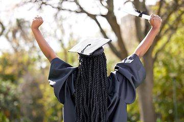 Image showing Back, celebration and black woman outdoor, graduation and diploma with success, certificate and university. Female person, graduate and girl outside, event and degree with scholarship and achievement