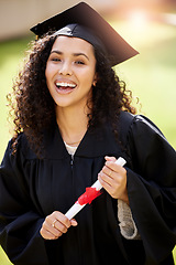 Image showing University student, woman portrait and college degree with school achievement outdoor with smile. Female person, education certificate and campus with graduate and happiness from study success