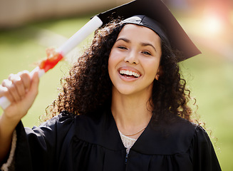 Image showing University student, woman portrait and college graduate with school achievement outdoor with smile. Female person, education certificate and campus with degree and happiness from study success