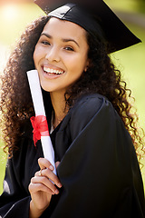 Image showing University graduate, woman portrait and college paper with school achievement outdoor with smile. Female person, education certificate and campus with student and happiness from study success