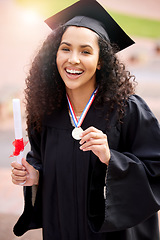 Image showing University valedictorian, woman portrait and college degree with achievement with medal. Female person, education certificate and campus winner with class graduate and happiness from study success