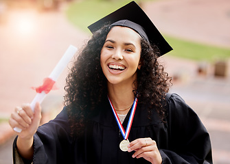 Image showing University winner, woman portrait and graduate degree with school achievement outdoor with medal. Female person, education certificate and campus with college and happiness from study success