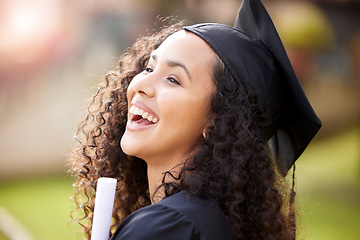 Image showing University graduate, woman portrait and laugh with school achievement outdoor with smile and diploma. Female person, education certificate and campus with student and happiness from study success