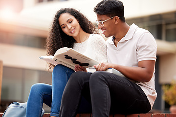 Image showing Study, university and man and woman with book on campus for learning, knowledge and studying. Education, friendship and male and female students with textbook for information, research and college