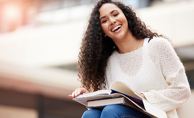 Image showing Reading, university and portrait of woman with book on campus for learning, knowledge and studying. Education, college and happy female student laugh with textbook for information, research or lesson