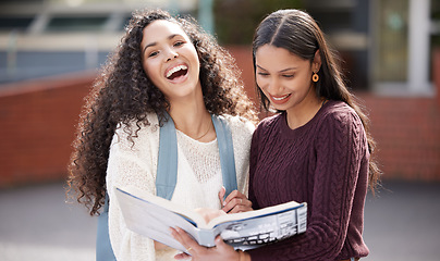 Image showing Laugh, university and portrait of women with book on campus for learning, knowledge and studying. Education, friends and happy female students laugh with textbook for information, research or college