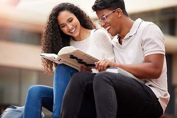 Image showing Reading, university and students with book on campus for learning, knowledge and studying. Education, friends and man and woman reading textbook for information, research project and college lesson