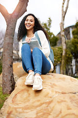 Image showing Outdoor, university and portrait of woman with book on campus for learning, knowledge and studying. Education, college and happy female student laugh with textbook for information, research or lesson