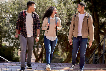 Image showing Study, friends and learning with people on college campus for happy, scholarship and future. Education, university and diversity with students laughing at school for social, knowledge and academy