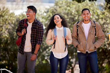 Image showing Education, friends and happy with people on college campus for learning, scholarship and future. Study, university and diversity with students laughing at school for social, knowledge and academy