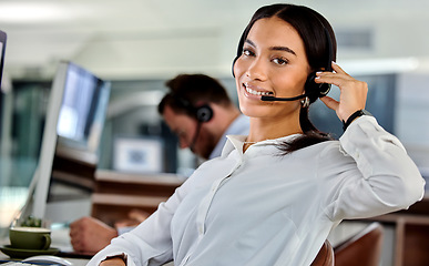 Image showing Business woman, crm and portrait at a call center company with phone consultation and smile. Telemarketing, web consulting and customer service with contact us work of employee with internet help